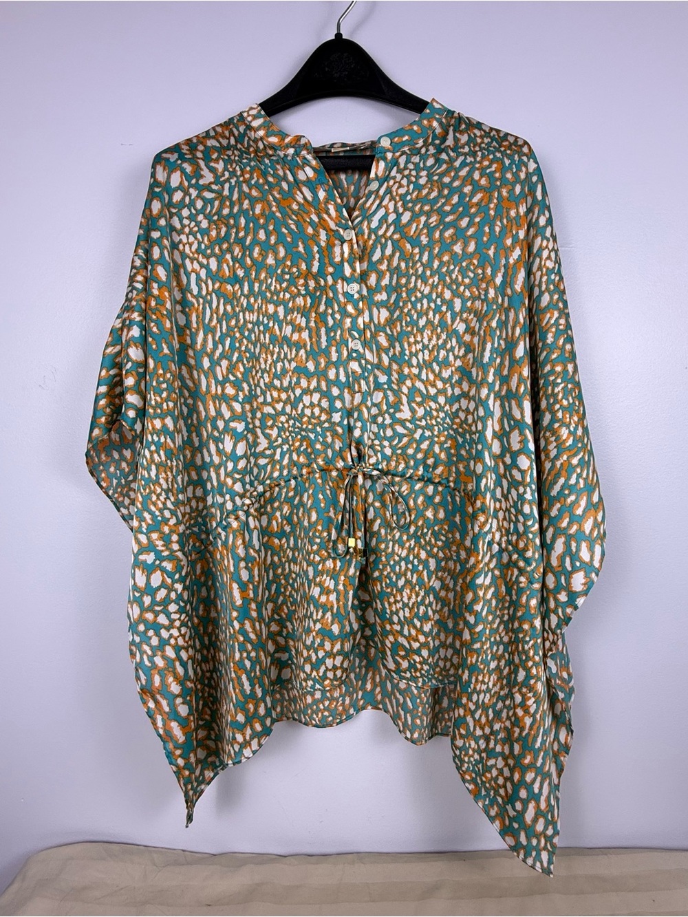 Michael Kors teal/orange/ivory abstract animal print blouse/swimsuit coverups.